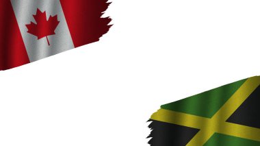 Jamaika ve Kanada Bayrakları Birlikte, Dalgalı Kumaş Doku Efekti, Eskimiş Yırtık Hava, Kriz Konsepti, 3D İllüstrasyon