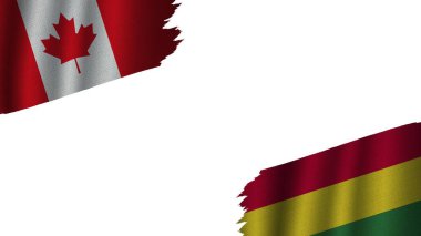Bolivya ve Kanada Bayrakları Birlikte, Dalgalı Kumaş Doku Efekti, Eskimiş Yırtık Havası, Kriz Konsepti, 3D İllüstrasyon