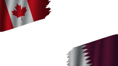 Katar ve Kanada Bayrakları Birlikte, Dalgalı Kumaş Doku Efekti, Eskimiş Yırtık Hava, Kriz Konsepti, 3D İllüstrasyon