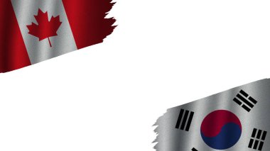 Güney Kore ve Kanada Bayrakları Birlikte, Dalgalı Kumaş Doku Efekti, Eskimiş Yırtık Hava, Kriz Konsepti, 3D İllüstrasyon