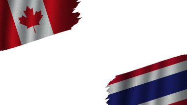 Tayland ve Kanada Bayrakları Birlikte, Dalgalı Kumaş Doku Efekti, Eskimiş Yırtık Havası, Kriz Konsepti, 3 boyutlu İllüstrasyon