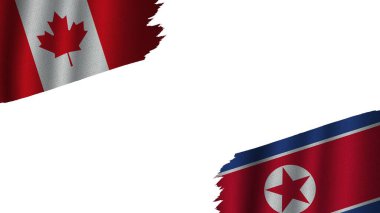 Kuzey Kore ve Kanada Bayrakları Birlikte, Dalgalı Kumaş Doku Efekti, Eskimiş Yırtık Hava, Kriz Konsepti, 3D İllüstrasyon