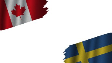İsveç ve Kanada Bayrakları Birlikte, Dalgalı Kumaş Doku Efekti, Eskimiş Yırtık Yırtık, Kriz Konsepti, 3D İllüstrasyon
