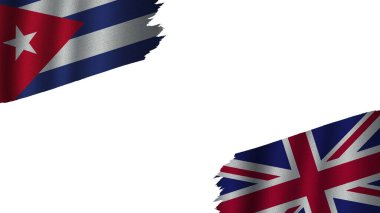 Birleşik Krallık ve Küba Bayrakları, Dalgalı Kumaş Doku Efekti, Eskimiş Yıpranmış Yırtık, Kriz Konsepti, 3D İllüstrasyon