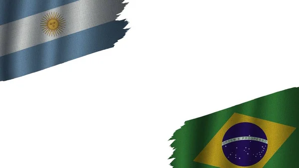 Brezilya Arjantin Bayrakları Birlikte Dalgalı Kumaş Doku Efekti Eskimiş Yırtık — Stok fotoğraf