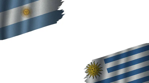 Bandeiras Uruguai Argentina Juntas Efeito Textura Tecido Ondulado Obsoleto Rasgado — Fotografia de Stock