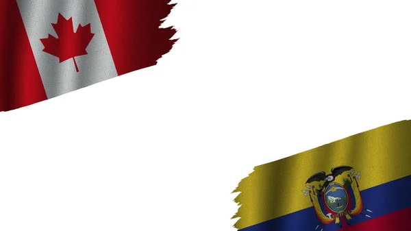 Ecuador Canada Flags Together Wavy Fabric Texture Effect Obsolete Torn — стокове фото