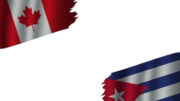 Bandeiras Cuba Canadá Juntas Efeito Textura Tecido Ondulado Obsoleto Rasgado — Fotografia de Stock