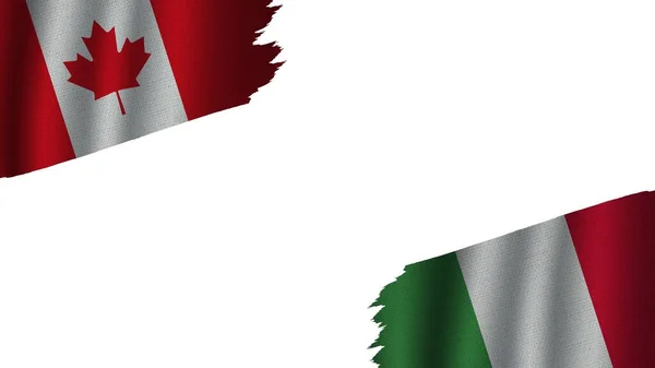 Italië Canada Samen Vlaggen Golvend Textiel Effect Verouderd Gescheurd Weer — Stockfoto