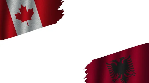 Flagi Albanii Kanady Razem Efekt Tekstury Tkaniny Falistej Przestarzałe Rozdarcie — Zdjęcie stockowe
