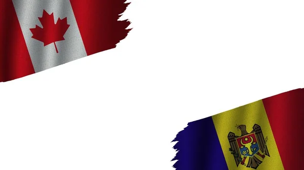 Moldova Canada Flags Together Wavy Fabric Texture Effect Obsolete Torn — стокове фото