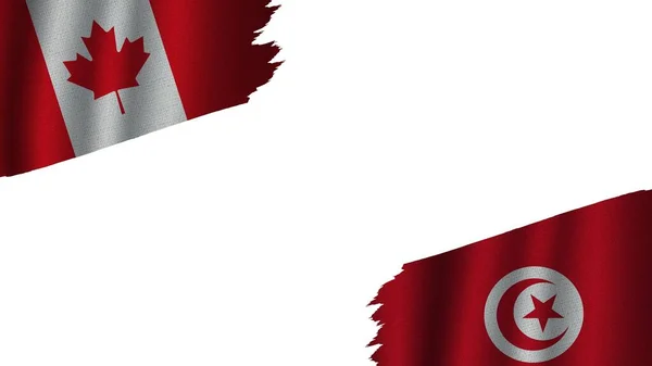 Flagi Tunezji Kanady Razem Efekt Tekstury Tkaniny Falistej Przestarzały Zdarty — Zdjęcie stockowe