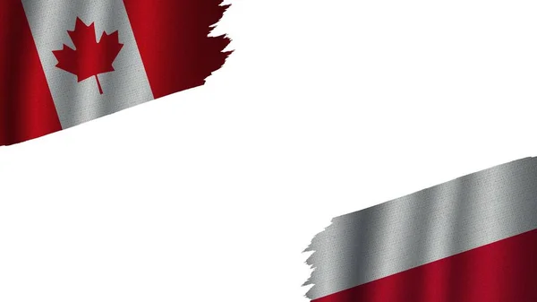 Bandeiras Polônia Canadá Juntas Efeito Textura Tecido Ondulado Obsoleto Rasgado — Fotografia de Stock