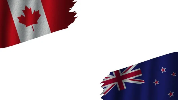 Yeni Zelanda Kanada Bayrakları Birlikte Dalgalı Kumaş Doku Efekti Eskimiş — Stok fotoğraf
