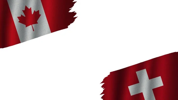 瑞士和加拿大国旗连在一起 波威面料效果 陈旧不堪 危机概念 3D图解 — 图库照片
