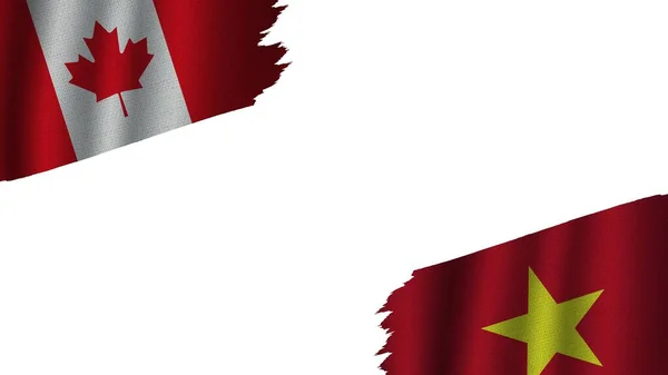 Vietnam Canada Flags Together Wavy Fabric Texture Effect Obsolete Torn — стокове фото