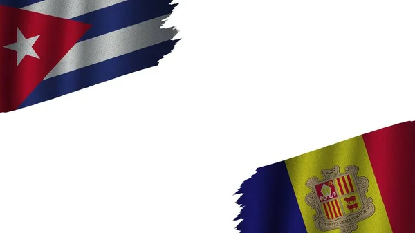 Bandeiras Andorra Cuba Juntas Efeito Textura Tecido Ondulado Obsoleto Rasgado — Fotografia de Stock