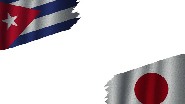 Bandeiras Japão Cuba Juntas Efeito Textura Tecido Ondulado Obsoleto Rasgado — Fotografia de Stock