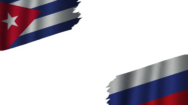 Drapeaux Russie Cuba Ensemble Effet Texture Tissu Ondulé Obsolète Déchiré — Photo