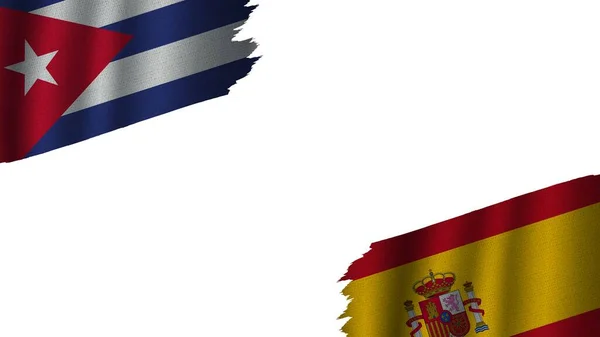 Espanha Cuba Bandeiras Juntas Efeito Textura Tecido Ondulado Obsoleto Rasgado — Fotografia de Stock