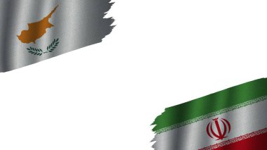 İran ve Kıbrıs Bayrakları Birlikte, Dalgalı Kumaş Doku Efekti, Eskimiş Yıpranmış, Kriz Konsepti, 3D İllüstrasyon