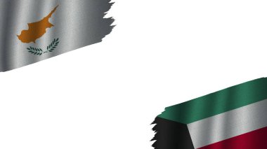 Kuveyt ve Kıbrıs Bayrakları Birlikte, Dalgalı Kumaş Doku Efekti, Eskimiş Yıpranmış, Kriz Konsepti, 3D İllüstrasyon