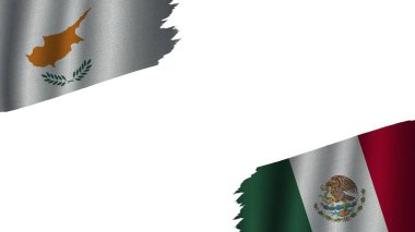 Meksika ve Kıbrıs Bayrakları Birlikte, Dalgalı Kumaş Doku Efekti, Eskimiş Yıpranmış, Kriz Konsepti, 3D İllüstrasyon