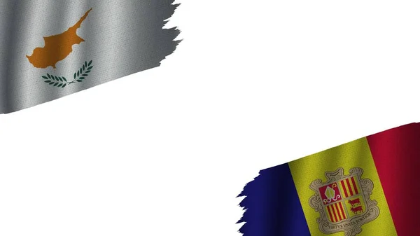 Bandeiras Andorra Chipre Juntas Efeito Textura Tecido Ondulado Obsoleto Rasgado — Fotografia de Stock