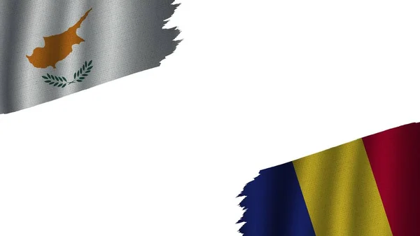 Romania Cyprus Flags Together Wavy Fabric Texture Effect Obsolete Torn — Stock Photo, Image