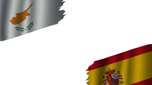 Spanien Och Cypern Flaggor Tillsammans Vågigt Tyg Textur Effekt Föråldrade — Stockfoto