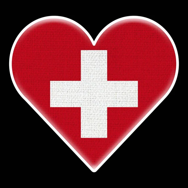 Svájc Szív Zászló Szövet Minta Textúra Fekete Háttér Illusztráció — Stock Fotó