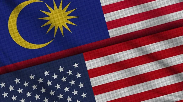 Malaysia Usa United States America Flags Together Wavy Fabric Breaking — Stock Photo, Image