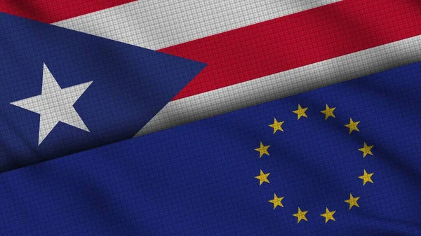 Πουέρτο Ρίκο Και Ευρωπαϊκή Ένωση Σημαίες Μαζί Κυματιστό Ύφασμα Breaking — Φωτογραφία Αρχείου