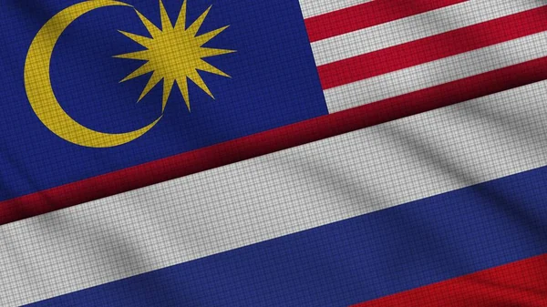 Malaysia Russia Flags Together Wavy Fabric Breaking News Political Diplomacy — стокове фото