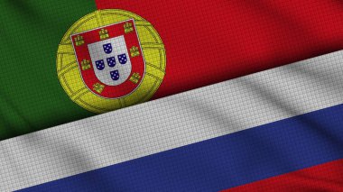 Portekiz ve Rusya Bayrakları Birlikte, Dalgalı Kumaş, Son Dakika Haberleri, Siyasi Diplomasi Krizi Konsepti, 3D İllüstrasyon