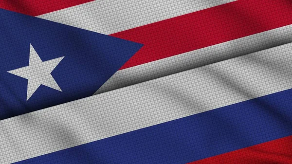 Puerto Rico Rusland Samen Vlaggen Wavy Fabric Breaking News Crisisconcept — Stockfoto