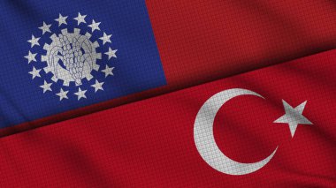 Myanmar Burma ve Türkiye Bayrakları Birlikte, Dalgalı Kumaş, Son Dakika Haberleri, Siyasi Diplomasi Krizi Konsepti, 3D İllüstrasyon