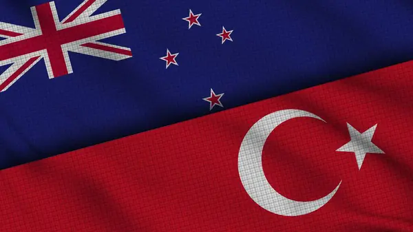 Zéland Törökország Zászlók Együtt Wavy Fabric Breaking News Politikai Diplomácia — Stock Fotó