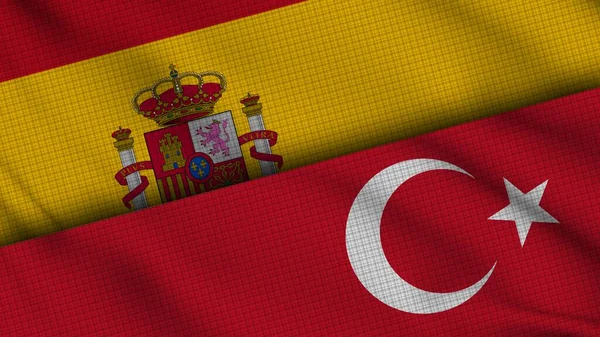 Spanyolország Törökország Zászlók Együtt Wavy Fabric Breaking News Politikai Diplomácia — Stock Fotó