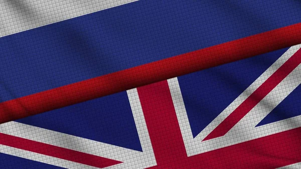Russia United Kingdom Flags Together Wavy Fabric Breaking News Political — стокове фото