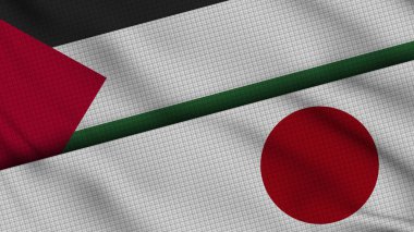 Filistin ve Japonya Bayrakları Birlikte, Dalgalı Kumaş, Son Dakika Haberleri, Siyasi Diplomasi Krizi Konsepti, 3D İllüstrasyon