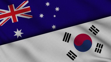 Avustralya ve Güney Kore Bayrakları Birlikte, Dalgalı Kumaş, Son Dakika Haberleri, Siyasi Diplomasi Krizi Konsepti, 3D İllüstrasyon