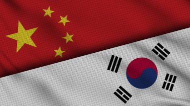 Çin ve Güney Kore Bayrakları Birlikte, Dalgalı Kumaş, Son Dakika Haberleri, Siyasi Diplomasi Krizi Konsepti, 3D İllüstrasyon