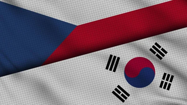 Çek Cumhuriyeti ve Güney Kore Bayrakları Birlikte, Dalgalı Kumaş, Son Dakika Haberleri, Siyasi Diplomasi Krizi Konsepti, 3D İllüstrasyon