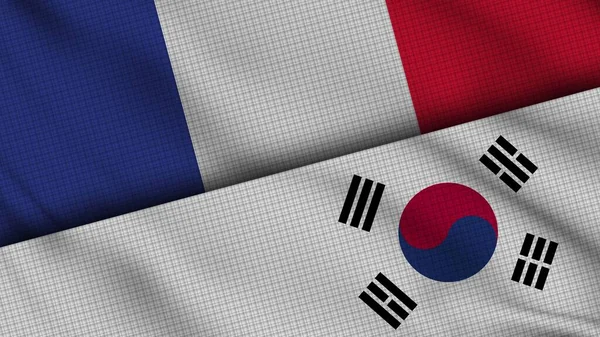 Bandeiras França Coreia Sul Juntas Tecido Ondulado Últimas Notícias Conceito — Fotografia de Stock