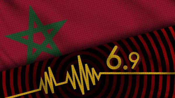 Fas Dalgalı Kumaş Bayrağı, 6.9 Deprem, Son Dakika Haberleri, Felaket Konsepti, 3D İllüstrasyon