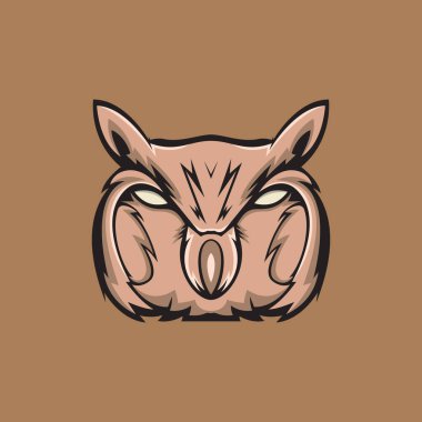 Baykuş başlı maskot keskin ve korkunç gözler ileriye bakıyor.