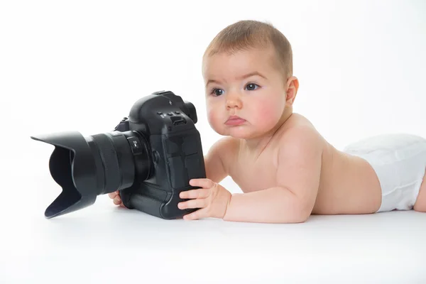 Kadın bebek ile büyük fotoğraf makinesi — Stok fotoğraf