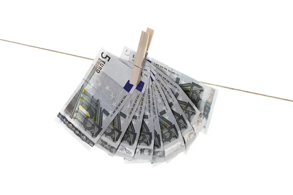 Billetes de banco de 5 euros colgando del tendedero — Foto de Stock