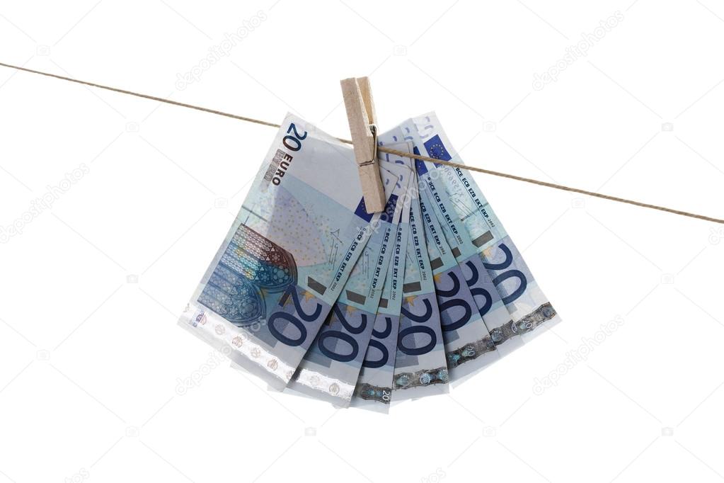 20 Euro bank notes hanging on clothesline
